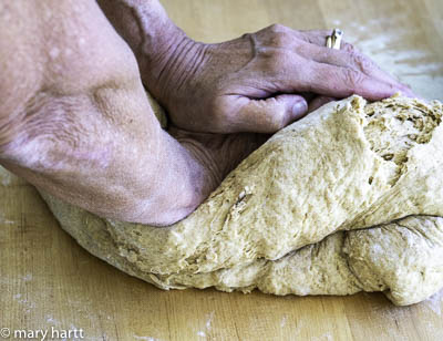 photo of oatmeal molasses bread being kneaded