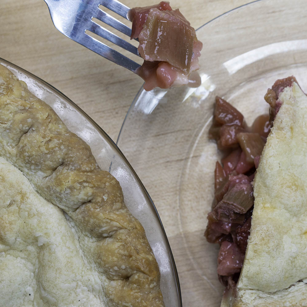 photo of fork taking a bite out of a strawberry rhubarb pie